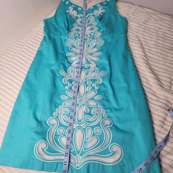 Lilly Pulitzer Teal White Embroidered Cotton Dress Size 10 Summer Resort - Picture 8 of 11